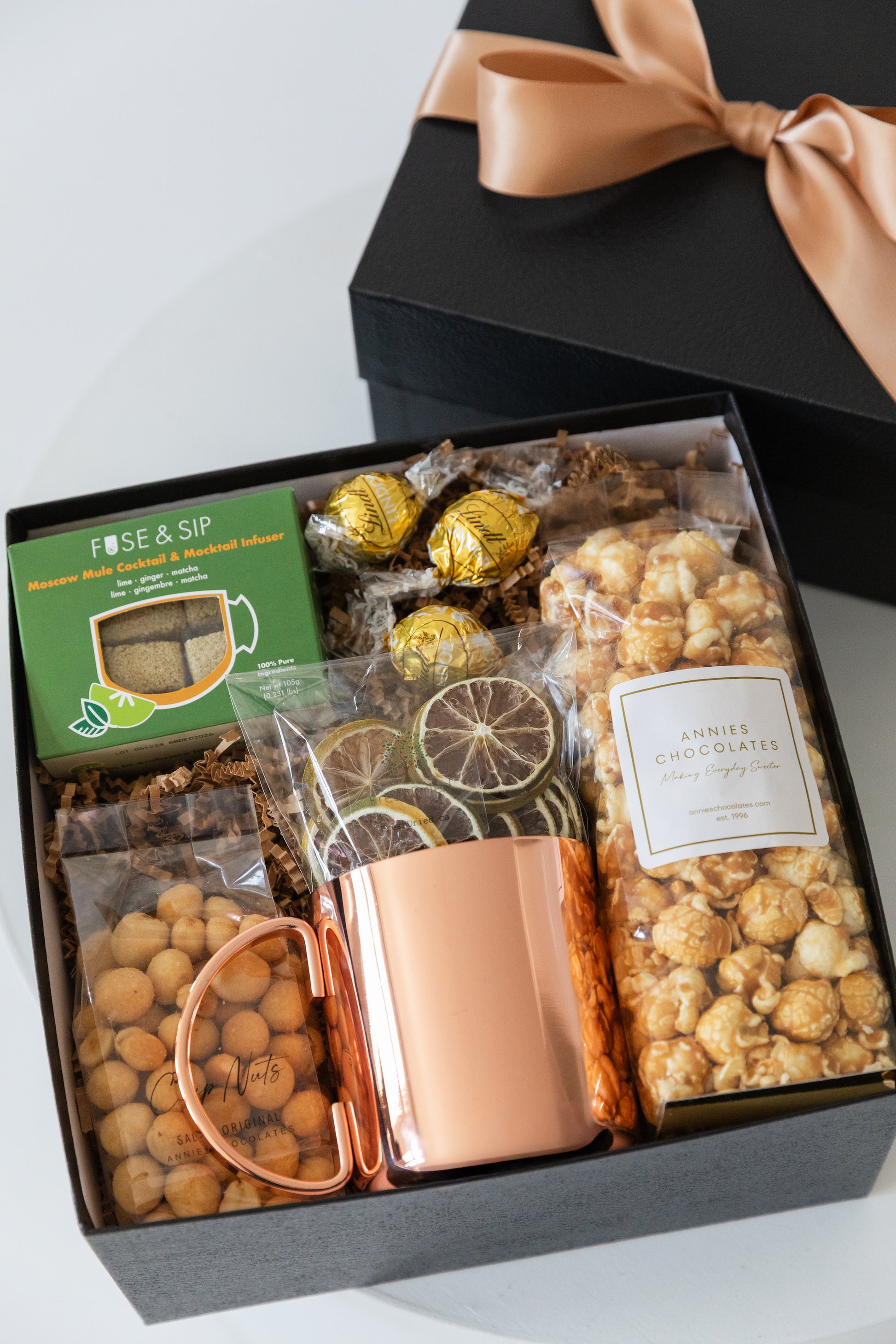 Moscow Mule gift box with copper mug, cocktail infusers, and gourmet treats