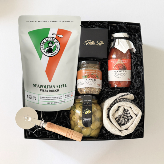 pizza night gift box with Neapolitan pizza dough mix, pasta sauce, seasoning and pizza cutter